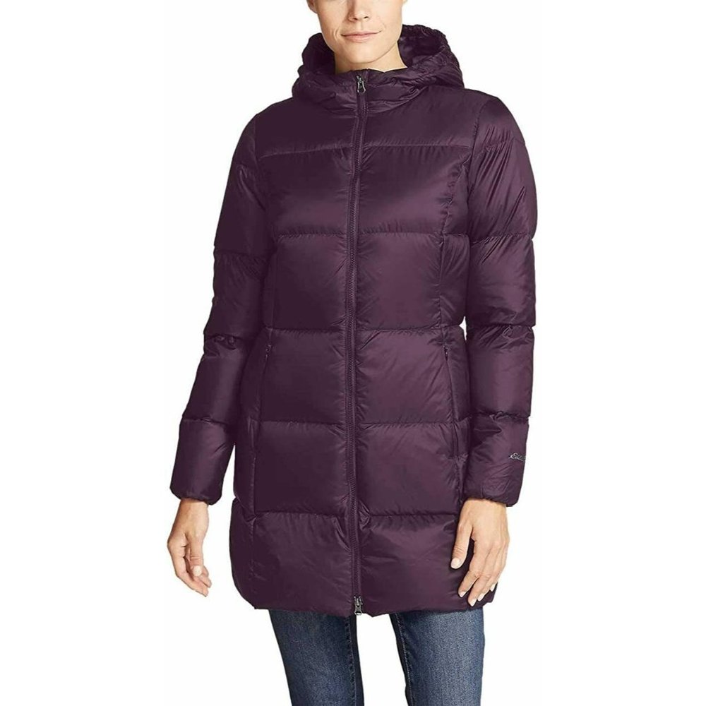 Eddie Bauer Womens XL Luna Peak Down Coat Parka Jacket Eggplant Hooded 2 Way Zip